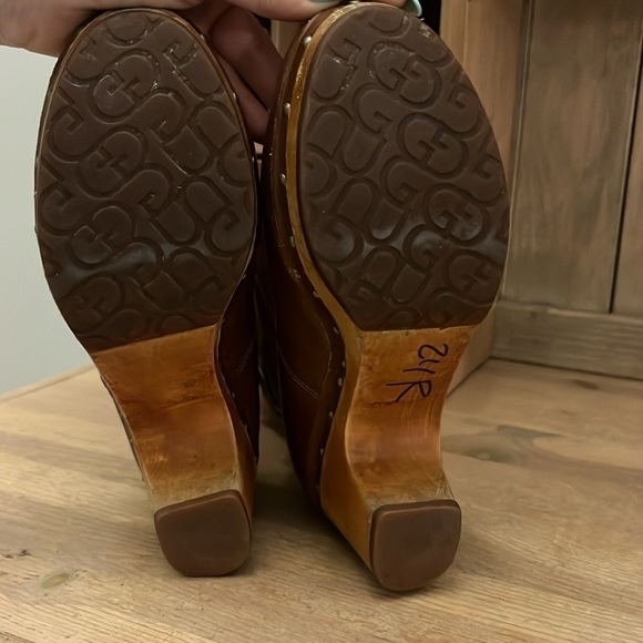 UGG Lynnea Boots Chestnut Leather Sheepskin Lining Wooden Platforms Clog Size 7 - Picture 11 of 12